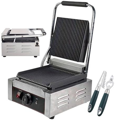 forplubossmmp Electric Sandwich Press 1800W Electric Contact Grill, Sandwich Toasters w/Food Grade Non-Stick Coating, 50-300°C Adjustable Temp Control, for Commercial Use (Grooved/Smooth),grooved