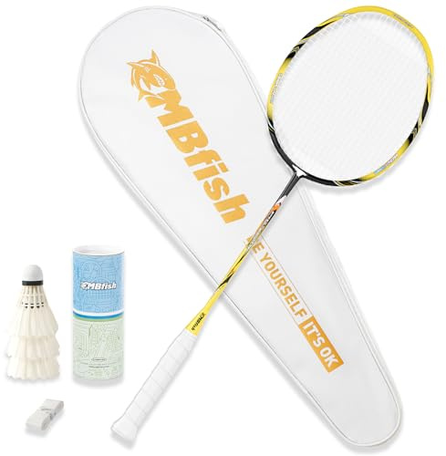 MBFISH Badmintonschläger-Set mit 1 Kohlefaser-Schläger, 3 Federbällen, 2 Ersatz-Griffbändern und 1 Badminton-Tasche – perfekt für Outdoor-Spiele und Fitnessstudio, 5U Lightning 1P