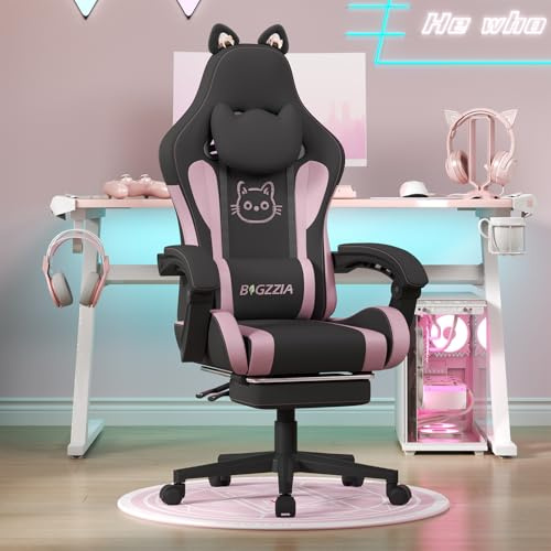 bigzzia Sedia Gaming Carina, Sedia da Gioco con Massaggio (nero e rosa) | Orecchie di Gatto, Ragazza, Poggiapiedi e Poggiatesta