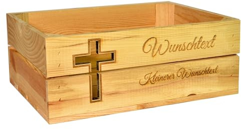CHICCIE Holzkiste Personalisiert Kreuz mit Wunschtext - Gravierte Erinnerungskiste Taufe Konfirmation Kommunion