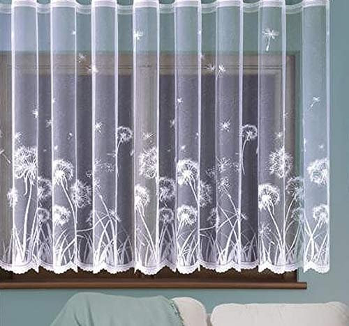 MforStyle White Net Curtain floral design DANDELIONS - READY TO HANG - HEMMED SIDES - Slot Top - WIDTH sold by the metres - DROP: 36 (91cm)