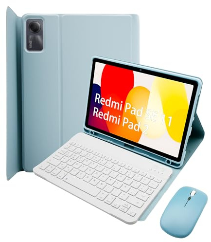 HLTOOP Funda Teclado para Xiaomi Redmi Pad SE 11 Pulgadas 2023/Redmi Pad 2 2025, Diseño Ñ Español, Cubierta Delgada De PU con Teclado Inalámbrico Desmontable Magnéticamente, Ratón para Tableta,Azul