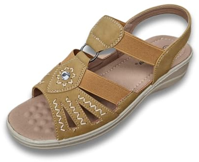 Cushion Walk Ladies Faux Leather Open Toe T Bar Sling Back Lightweight Elastic Strappy Gladiator Summer Sandals (Mustard, UK Footwear Size System, Adult, Women, Numeric, Medium, 6)