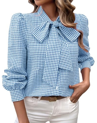 Camisa con Botones para Mujer Elegante con Lazo Frontal Manga Abombada Tops a Cuadros Casual Moderna Trabajo Oficina Blusa, Azul, M