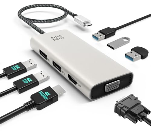 Minthouz USB C Docking Station,7-IN-1 USB Hub mit 4K@60Hz HDMI,8K@60Hz DP1/2, VGA, 3xUSB2.0 Multiport Adapter für Dell/HP/Lenovo/Thinkpad, Kompatibel mit Mac/Windows/Chrome OS/Linux/Android/iOS