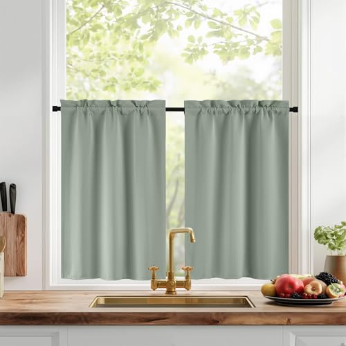 PONY DANCE Tende Oscuranti a Vetro per Finestra 2 Pezzi L60 x A90 cm | Verde Salvia, Termiche Isolanti, Corte, Nasconde il Disordine, con Tasca, Protezione Vista-sole, per Cucina, Corte