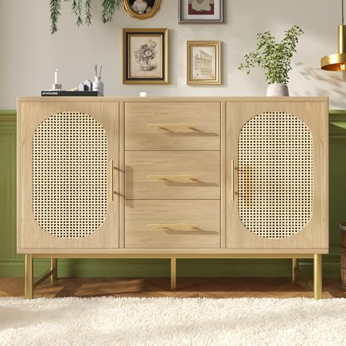 Merax Vintage Minimalistisch Rattan Sideboard Kommode mit 3 Schubladen und 2 Türen, Metallgriffe, Verstellbare Regale, Kippschutz, für Esszimmer, Wohnzimmer, Schlafzimmer, H74/B120/T40cm(Sonoma Eiche)