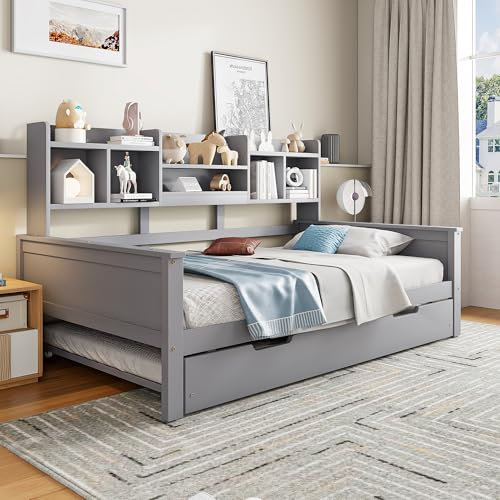 REXO Ausziehbares Schlafsofa 90x200CM Massivholz, Ausziehbett 90x190CM, mit Staufach und Lattenrost, Kiefer Multifunktionsbett, Einzelbett, Grau