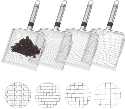 UPROZIL 4 Stück Gartensieb aus Edelstahl, Garten Sieb Erde - Kompostsieb mit Griff, Sanderde-Kompostsieb,2/2.8/3.8/5 mm Garden Sieve, Soil Sieve, Potting Soil Shovel for Sand, Stones, Soil, Compost