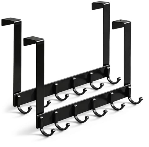 Woobroo 2 Pack Over Door Hooks Hanger - Heavy Duty 28cm Tall, 40cm Wide, 6 Hooks for Coats, Towels, Bags, Clothes - Ideal for Bathroom, Bedroom, Kitchen (Black)