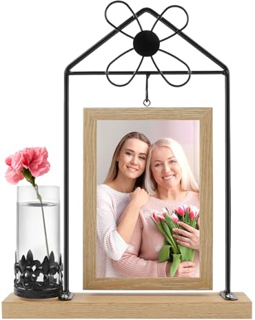JTgugu 10x15cm Bilderrahmen Holz mit Vase und Metall Ständer Doppelglas Fotorahmen Personalisiert Vintage Holzbilderrahmen Fotogeschenke Bilder Weihnachten Hochzeit Familie Geschenk - Gelb