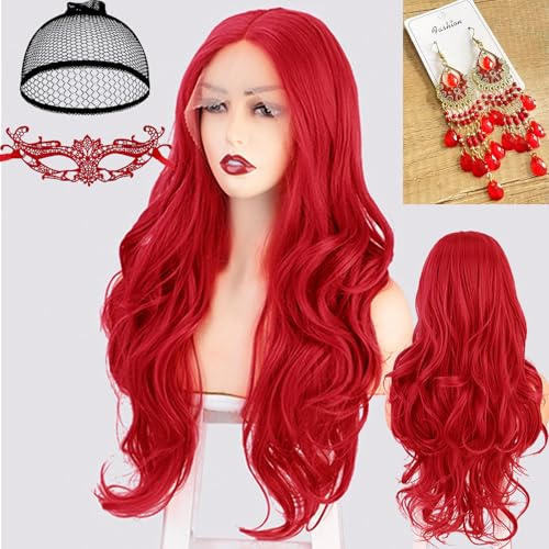 Waziwe Halloween Perücke Damen lang, 68 cm Perücke Rot mit Haarnetz | Rote Perücke mit Haarnetz für Perücke Halloween Damen, Cosplay, Maskerade, Karneval, Weihnachten, Perücke Fasching