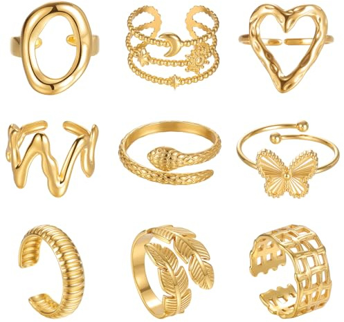 TIZU 9 Piezas Oro Anillos Mujer Acero Inoxidable en Oro de 18K Ajustables Apilables Juego de Anillos para Mujer Niña (#02)