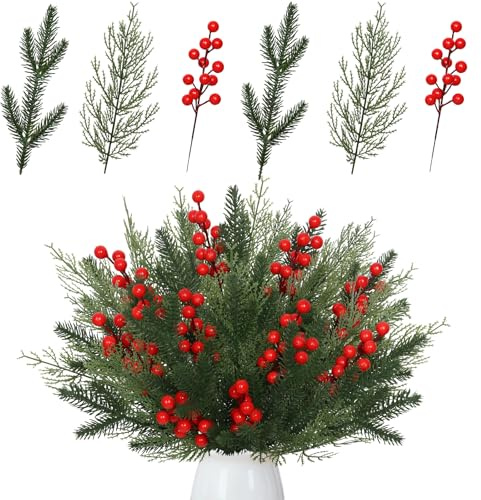 ASTNIC 40pcs Branche de Sapin Branches de Pin Artificielles avec Baie Rouge Deco Noel, Houx Artificiel pour Arbre de noël Guirlande de Noël Decoration de la Maison Artisanat de Vacances décoration