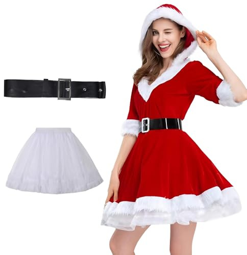 DAJASD Costume de Père Noël pour femme, Déguisement Mère Noël, Déguisement Santa pour Adultes, Accessoires pour Halloween, Carnaval et Fêtes - Rouge avec Robe, Agitation et Ceinture Größe: L