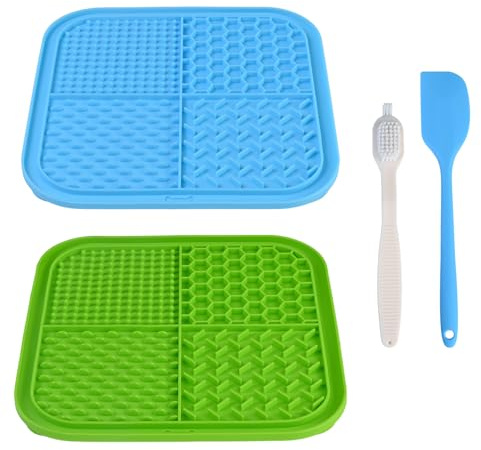 Rieoany Tappetino leccare per cani e gatti, 2 pezzi con ventose, con spatola e pennello, tappetino antistress per bagno, toelettatura, veterinario, silicone alimentare senza BPA, 20 x 20 cm