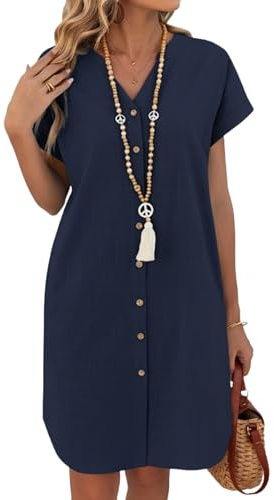 Zeagoo Vestido Mujer Verano Manga Corta Vestidos de Lino Casual Cuello en V Playa Vestido Cortos Camisero Vestidos con Bolsillos S-XXL