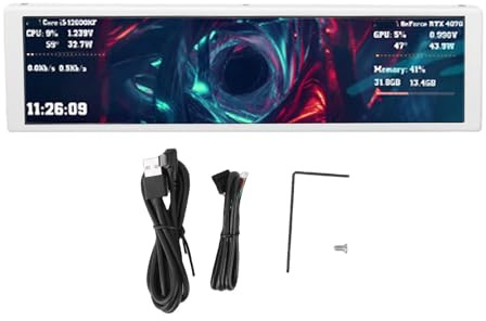 Lazmin112 Pantalla Secundaria de Computadora de 9,2 Pulgadas, Pantalla LCD IPS FHD 1920x462 para Carcasa de PC con Temas de Vídeo Dinámicos, Monitor de Temperatura CPU GPU (White)