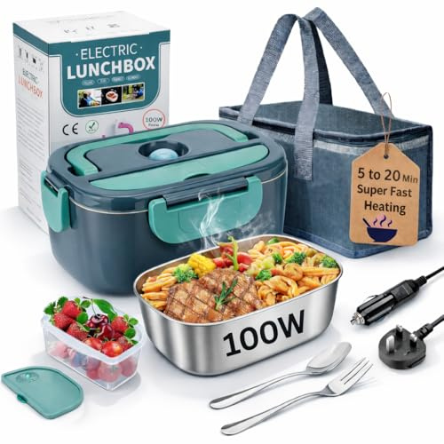 LyroX 100W Electric Lunch Box, Fast Heating Food Warmer 1.5L Stainless Steel Container, 3-in-1 Portable Heated Lunch Box for Car 12V/24V & Home/Office 220-240V, Leakproof with Carry Bag & Accessories