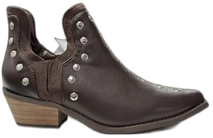 Benavente - Botines Mujer Tachuelas Marrón | Modelo Isela | Botín Western con Tacón Madera 5 cm | Laterales Abiertos | Combinado Liso y Serraje | Estilo Urbano