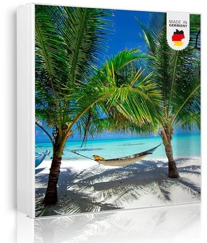 banjado Großer Schlüsselkasten Metall - Schlüsselbox 30x30cm beschreibbarer mit 32 Haken - Schlüsselkasten modern für Schlüsselaufbewahrung - Korpus Weiß Scharnier Rechts - Motiv Strand