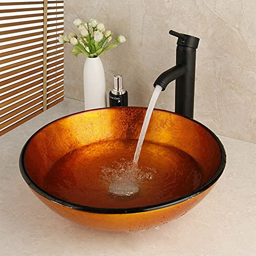 chicstyleme Tischwaschbecken Aufsatzwaschbecken mit Armatur Waschbecken Glas Rund Aufsatzbecken aus Gehärtetem Glas Badezimmer Rund Waschbecken Aufsatzbecken mit Wasserhahn,Gold bestreuen