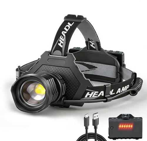 LED Stirnlampe USB Wiederaufladbar, Stirnlampe XHP70 Super Hell 90000 Hohe Lumen mit 5 Modi, Batterien enthalten, Zoom, Wasserdicht Scheinwerfer für Camping Jagd Laufen Angeln Radfahren (Schwarz)