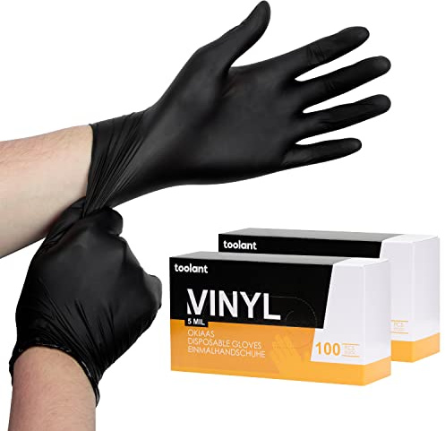 OKIAAS Engångshandskar svart, XL, vinyl, engångshandskar latexfria 5 mil, 200 stycken för livsmedelsberedning, hushållsrengöring, hårfärgning, tatuering