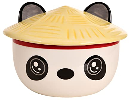 Elbenwald Panda Cuenco Kawaii con Tapa para Aficionados al Anime Cuenco para Ramen Cuenco para Cereales Redondo Impreso 550 ml Cerámica Blanca