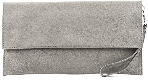modamoda de T151 Damen Wildleder Rauleder Clutch Umhängetasche Abendtasche handmade in Italy, Farbe:Telegrau