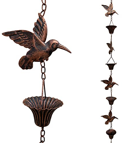 Aifeorzo 2,5 m Regenkette, Kolibri-Regenketten für Dachrinnen, funktionale und dekorative Ersatz-Fallrohrkette für draußen, Metallgarten, Regenwasser-Umlenkketten, antikes Kupfer