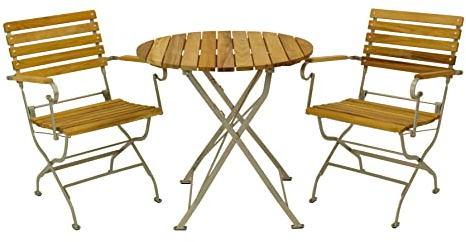 DEGAMO Garten Sitzgruppe Klappgarnitur Passau 3-teilig (2X Armlehnensessel, 1x Tisch rund 77cm), Gestell Flachstahl verzinkt und transparent pulverbeschichtet, Belattung Robinien Holz, Outdoor