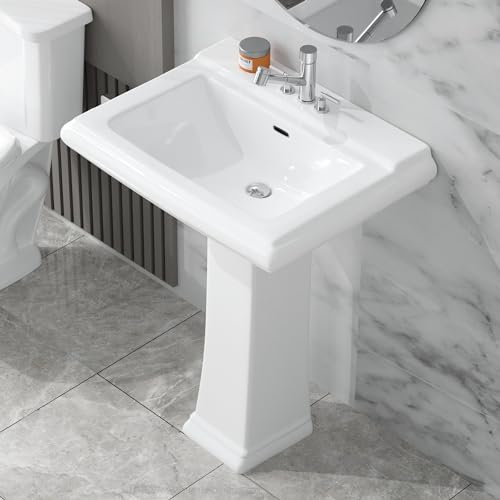 HOMLYLINK Fregadero de pedestal blanco de 3 agujeros, 26 x 20 pulgadas, combo de lavabo grande de pedestal de baño, rectangular, 1 agujero de desbordamiento, 3 agujeros para grifo, porcelana blanca