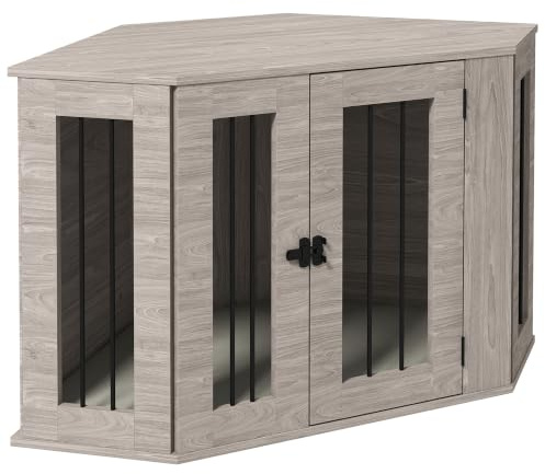 PawHut Eck Hundekäfig Möbel für Mittlere Hunde 104 x 55 x 63 cm Walnuss | 104cm Hundebox für Zuhause, Moderne Hundehütte mit Kissen, Abschließbar Hundehaus, bis zu 20kg