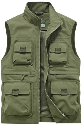 OlyljpinZ fiskeväst för män sommar utomhus väst fotografi resor vandring lätt verktygsväst ärmlös jacka verktyg väst med flera fickor, Armégrönt, 3XL