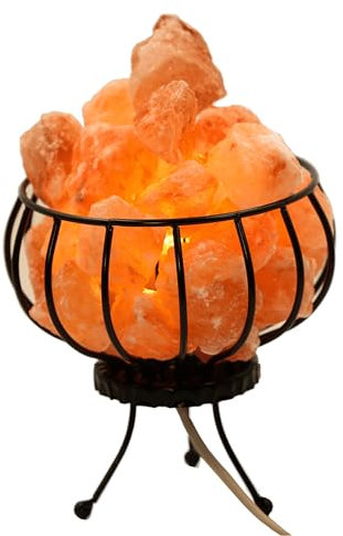 HAF® Salzlampe Metallkorb Feuerkorb mit echtem Natursalz | Mit 100% natürlichen Salzkristallen aus der Salt Range Pakistan | Nachttischlampe auf Metallsockel inkl. Lampenfassung + Glühbirne