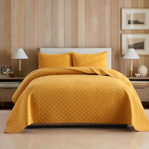 ENASAL Tagesdecken Bettuberwürf aus Baumwolle 240x260cm mit 2 Kissenbezüge für Doppelbett, 3 teilig Steppdecke Bettdecke weiche Ganzjahresdecke, Strickmuster Gelb, 250x270cm
