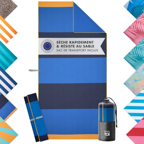 Blumtal Strandtuch XXL aus Mikrofaser - kompaktes und schnelltrocknendes Handtuch/Strandhandtuch 90x180 - Stranddecke sandfrei mit Band - Microfaser Handtücher - Stranddecke in Blau gestreift