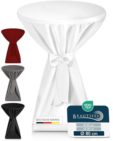 Beautissu Premium Stehtischhussen Blickdicht rutschfest bügelfrei waschbar | 80cm Weiß Tischhussen für Stehtische Stehtischüberzug Husse für Stehtisch Bistrotisch Schleifenband Hochzeit Giulia Premium