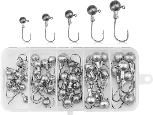 Wandefol 45 Stück Jighaken mit Round Jighead für Gummifische zum Raubfishangeln, Bleikopf-Angelhaken Set mit verschieden Größe 2g 3.5g 5g 7g10g