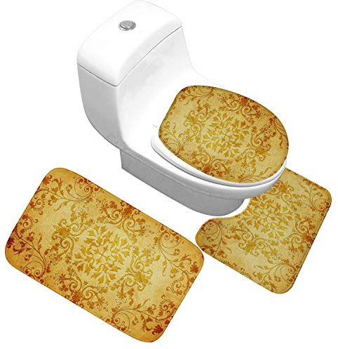Bad Teppiche Set 3-Teiliges Retro Gelb WC Vorleger Mit Ausschnitt Badematte Saugfähig WC Deckelbezug Badvorleger rutschfest Waschbar Toilettensitzbezug Badgarnitur (50x80cm)