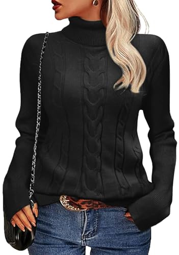 heekpek Women's Jumpers Long Sleeve Tops Turtle Neck Pullover Ladies Cable Knit Sweaters Kknitted Roll Neck Jumpers Soft Warm Knitwear, Black, S
