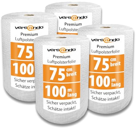versando 4x Premium Luftpolsterfolie 100m x 0,75m Versand, Verpackung, | Umzug Noppenfolie Bubble Wrap LPF Rolle