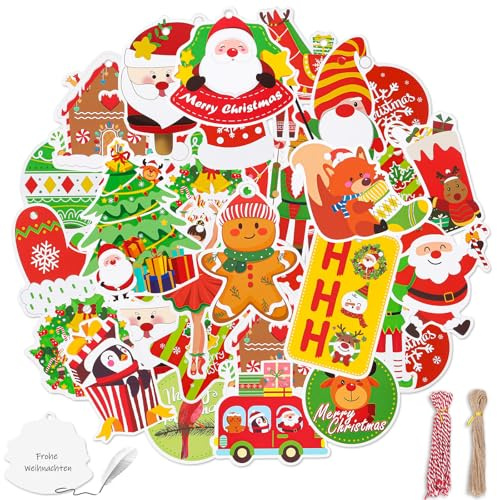 MARFOREVER Geschenkanhänger Weihnachten, 100 Stück Weihnachtsanhänger Etiketten Weihnachten mit Seil Geschenkanhänger für Weihnachtsgeschenke Weihnachtsbäume Dekoration
