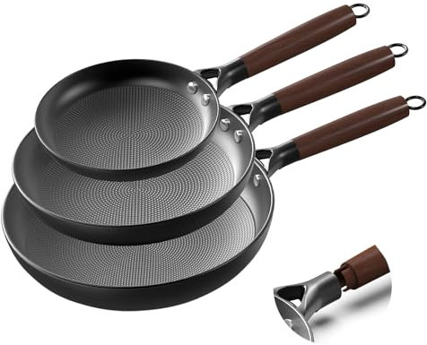 JOOBYFOD Juego de sartenes de 3 piezas, 8 pulgadas, 10 pulgadas, 12 pulgadas, antiadherentes con mango extraíble, superficie de cocción de panal, sartén de hierro fundido, apto para lavavajillas,