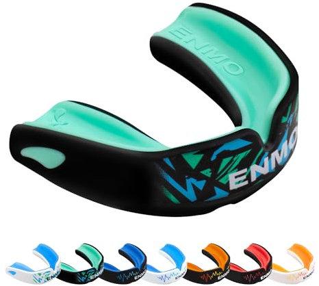 Enmo Maxilla Pro Gum Shield - Adult & Junior 10+ Mouth Guard with Case for Rugby, Boxing, Hockey and Contact Sports - Mouthguard with Boil & Bite, Breathing Channel Tech, Triple Layer - Black/Mint