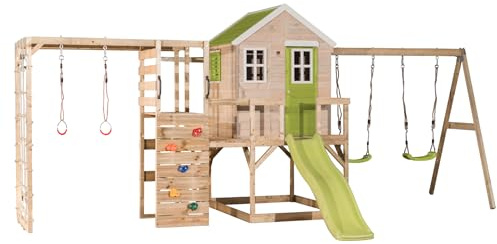 Wendi Toys M28-G Stelzenhaus mit Rutsche, Doppelschaukel und Kletterwand aus FSC-Holz, Spielhaus Kinder Outdoor Garten mit Plattform 90, 120 cm, Kletternetz, Turnringe, 342×563×242 cm