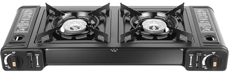 CCAUUB Black Portable 2 Burner Butane Stove with Grill Tray, 2 x 1.15 KW, 166 g/h Double Burner for Patio, Camping, BBQ, Home Brewing, Tailgating, Hiking, Maple Syrup Prep