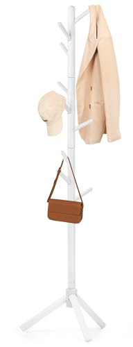 Relquorax Perchero de pie de madera de haya con 9 ganchos, 3 alturas ajustables, sencillo perchero de madera maciza para ropa, sombreros, bufandas, bolsos, chaquetas, dormitorio, sala de estar