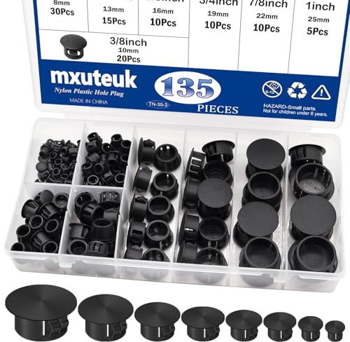 mxuteuk 135Stück 8 Größen Nylon-Kunststoff Lochstopfen schwarz 1/4 5/16 3/8 1/2 5/8 3/4 7/8 1 runde Bohrloch-Abdeckungen für Möbel, Schränke, Industriebedarf & Dübel/Stopfen